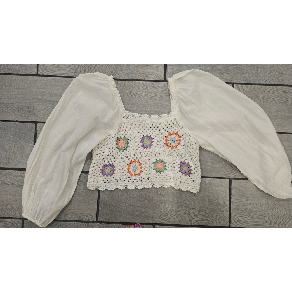 Aerie Crochet Granny Square Floral Crop Top Balloon Sleeve Cream XL